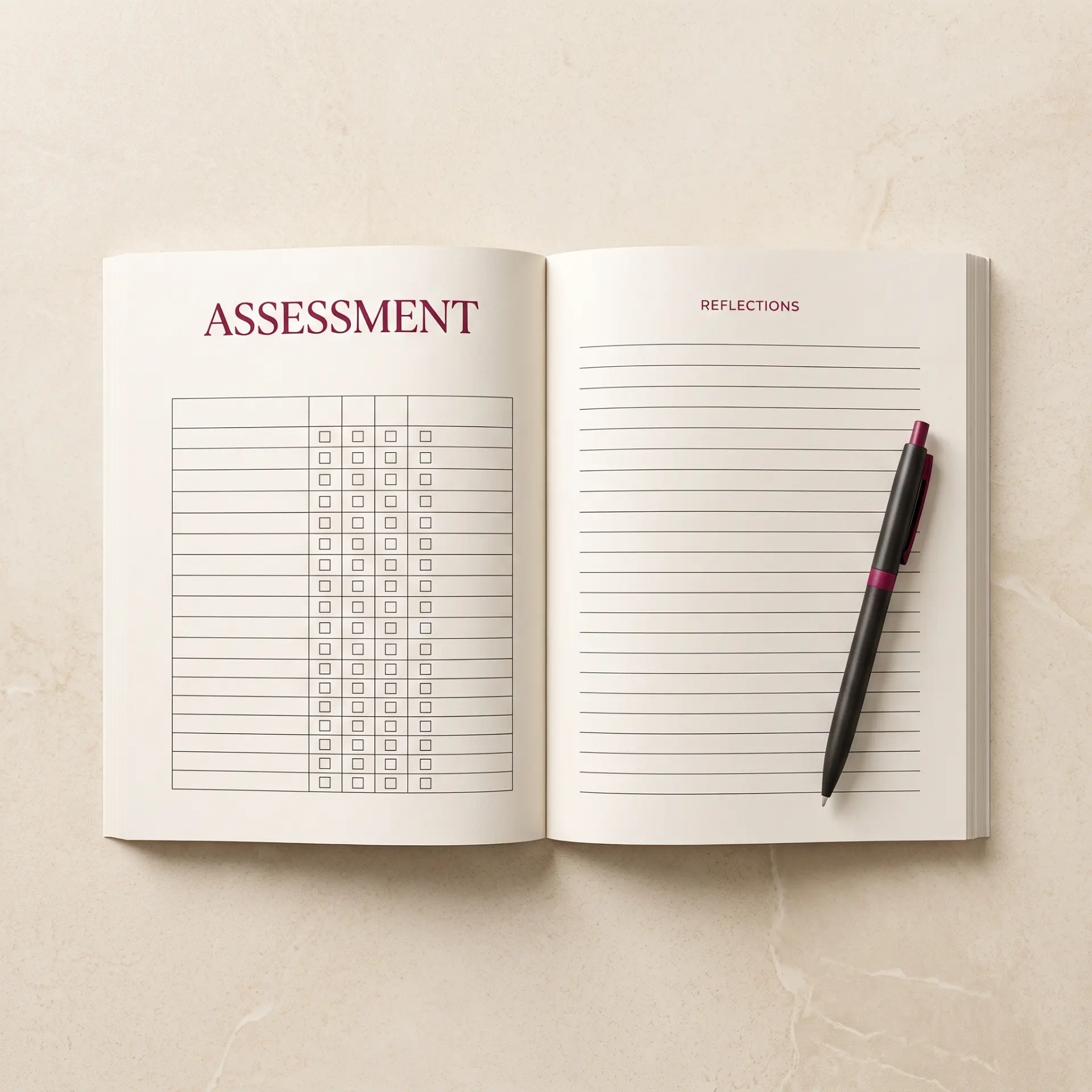Open printed assessment workbook spread