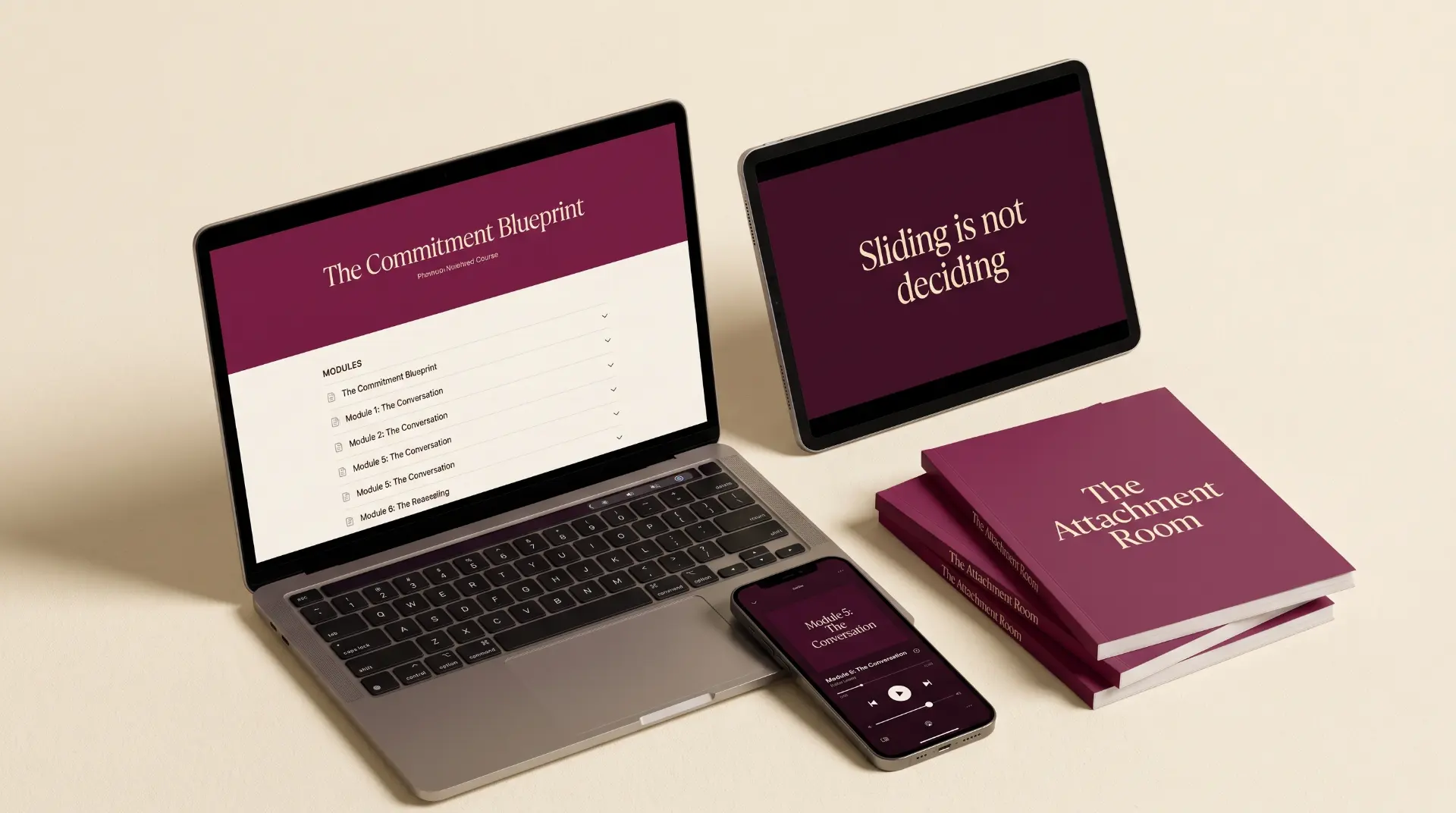 Course bundle shown on laptop, tablet, phone and printed workbook
