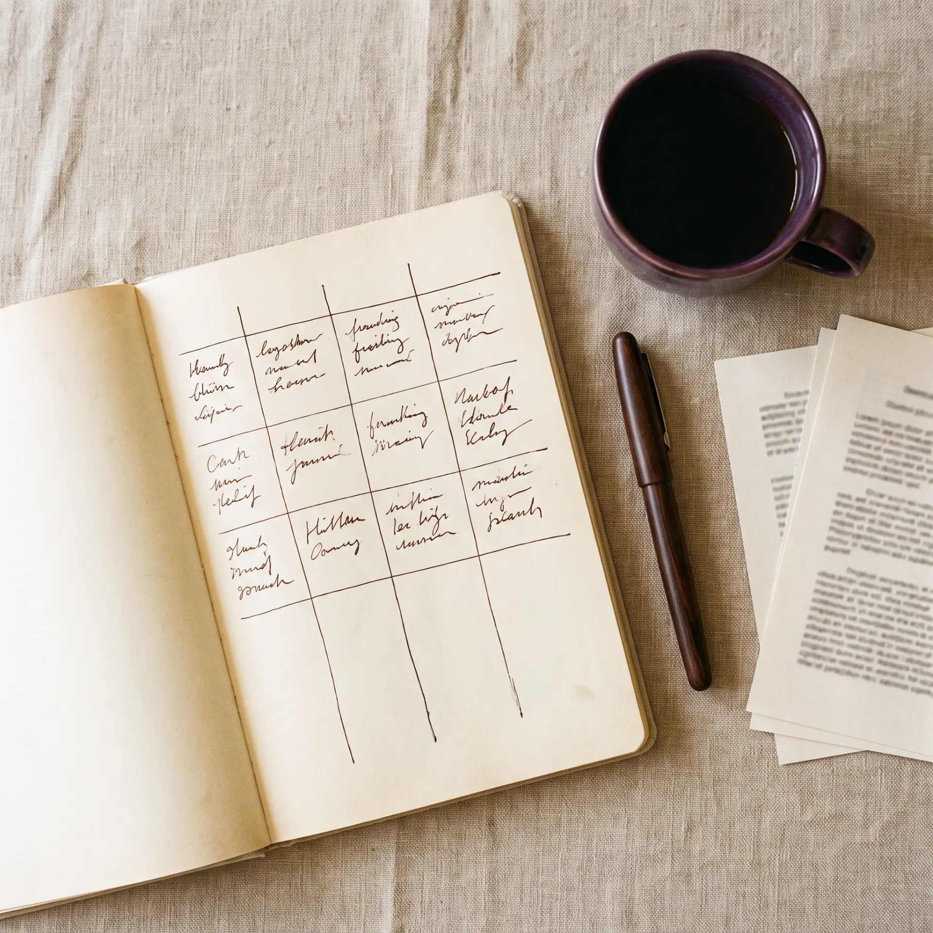 Flat lay of a notebook grid, pen, coffee and papers