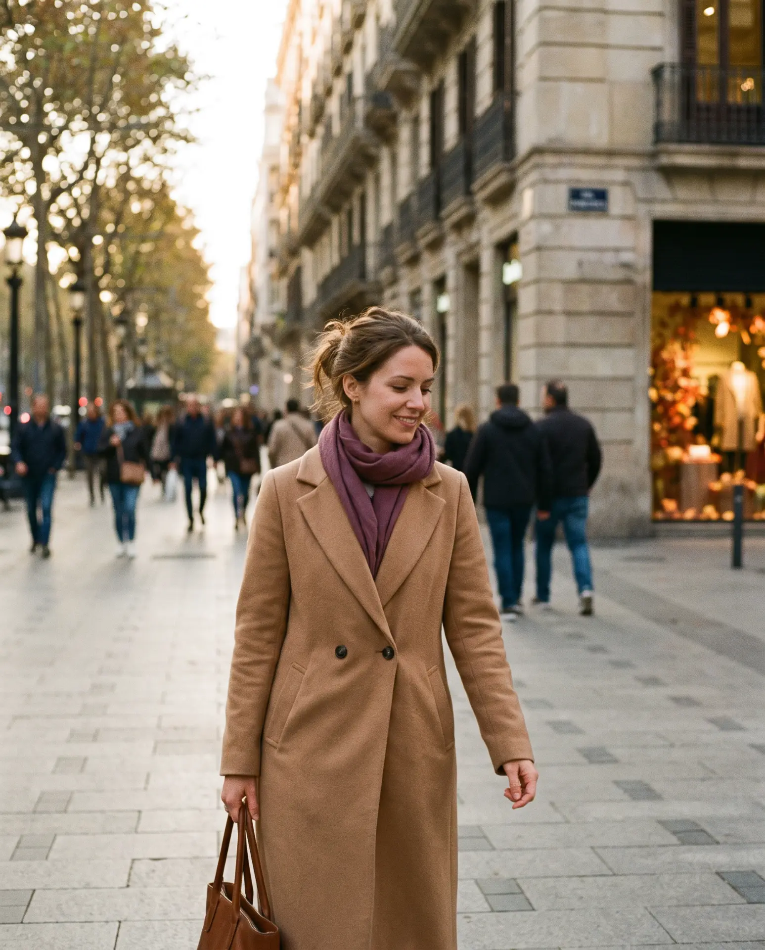 Woman walking down a city street in golden light